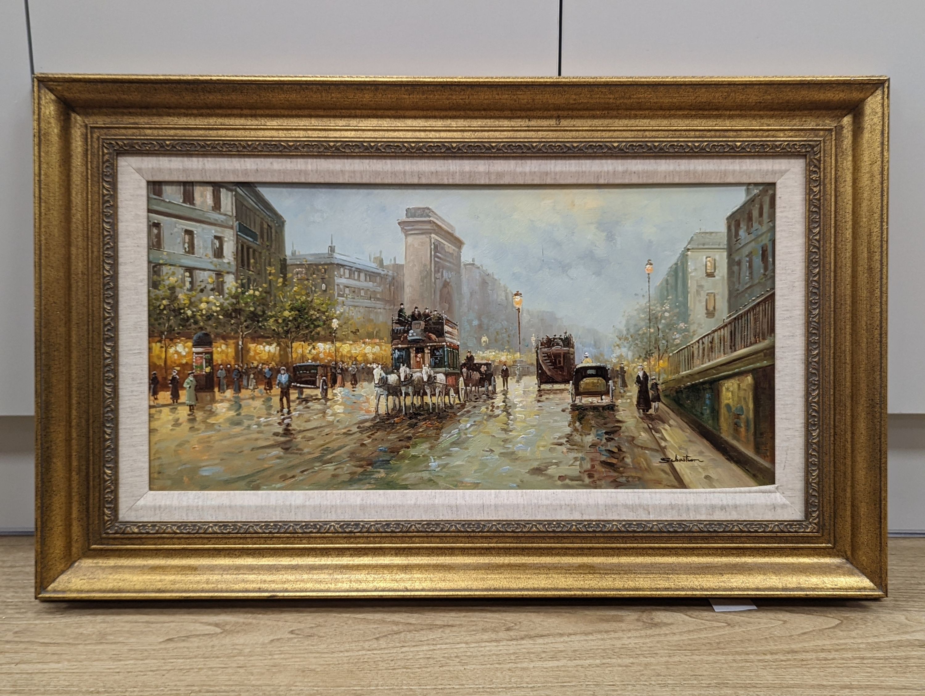 Sebastian, oil on board, Paris street scene, signed, 29 x 59.5cm